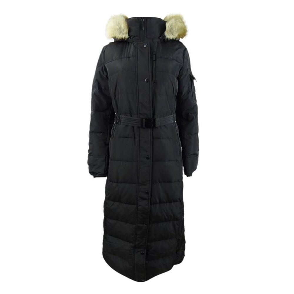 Michael Michael Kors Women's Petite Belted Faux-Fur Trim Coat (PXXS, Black)